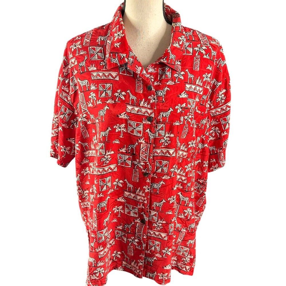 Chico's Women's Red Horse Silk Print Long Sleeve Button Down Blouse Chicos Sz 3